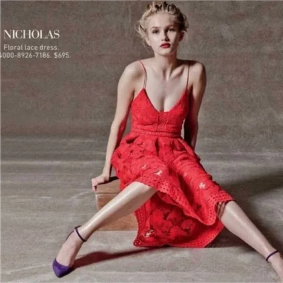 Nicholas Red Roleau Ball Pleated Lace Dress Small - Picture 3 of 10